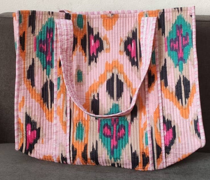 Light Pink Ikat Cotton Quilted Tote Bag