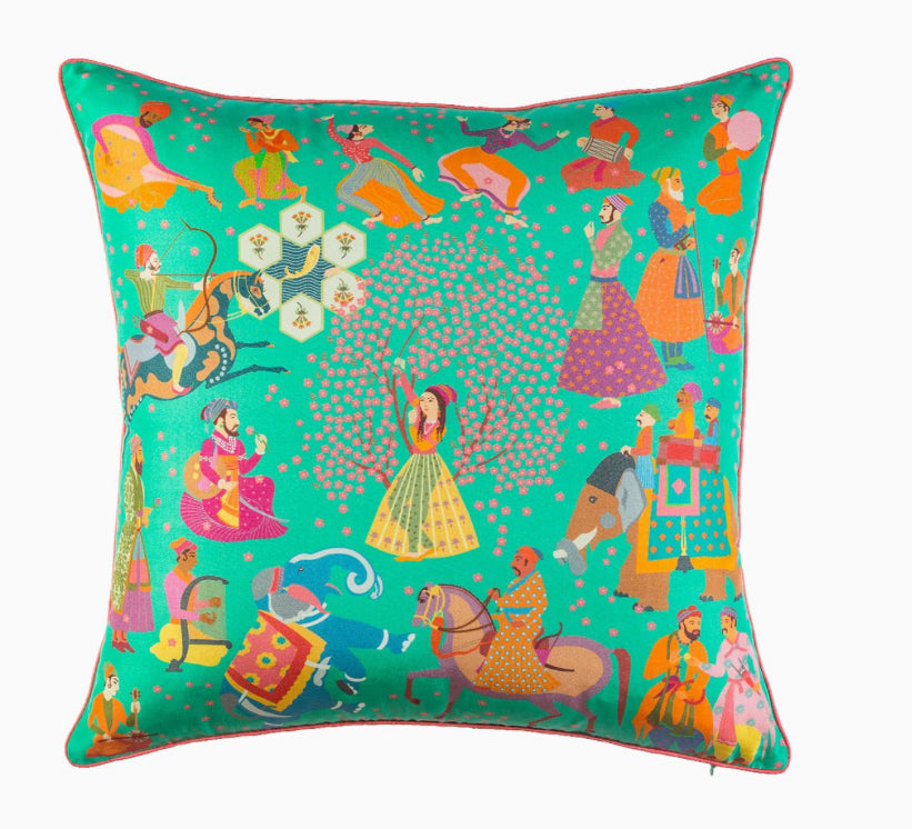 (Copy) Les Toiles Indiennes Blue The Marriage of Draupadi Cushion - Green, Size 50cm x 50cm