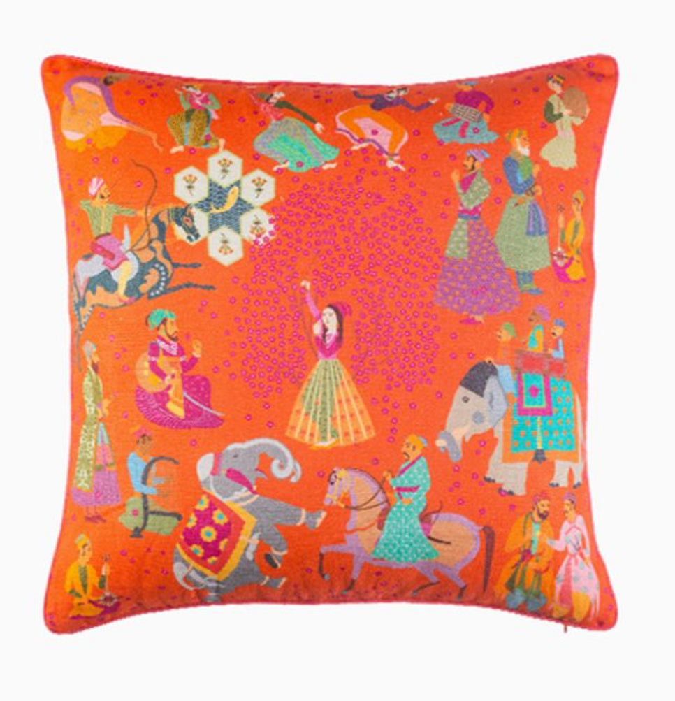 Les Toiles Indiennes orange The Marriage of Draupadi Cushion - Blushing Pink, Size 50cm x 50cm