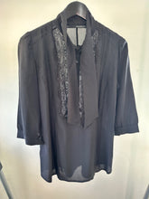 Load image into Gallery viewer, Anna Rita N Black Tie neck silk lace blouse, Size 44
