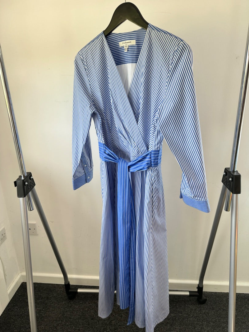 LK Bennett blue stripe dress with tie belt, Size 12