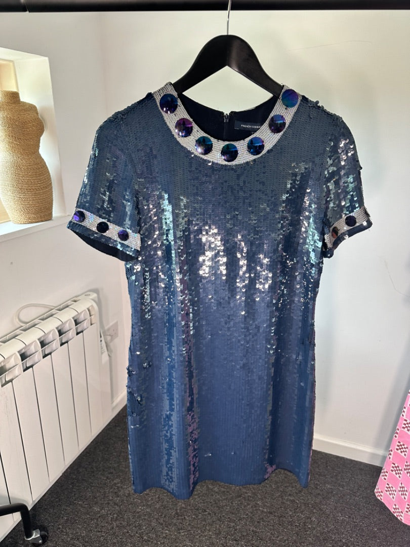 French Connection Petrol blue Sequin Cinderland Mini Dress, Size 8