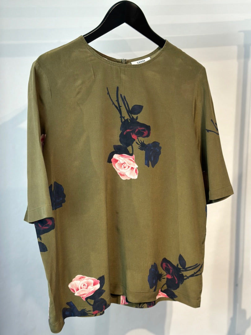 Ganni Olive green Floral top, Size L