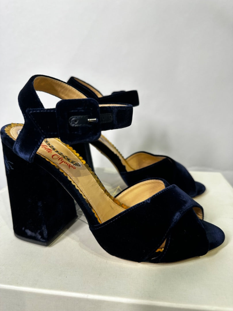 Charlotte Olympia navy Emma velvet heels, Size 38