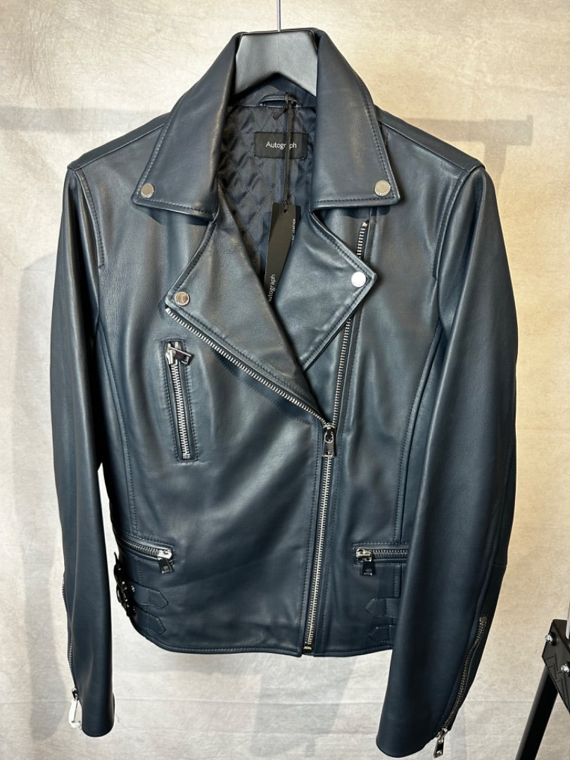 Autograph navy leather biker jacket, Size 14