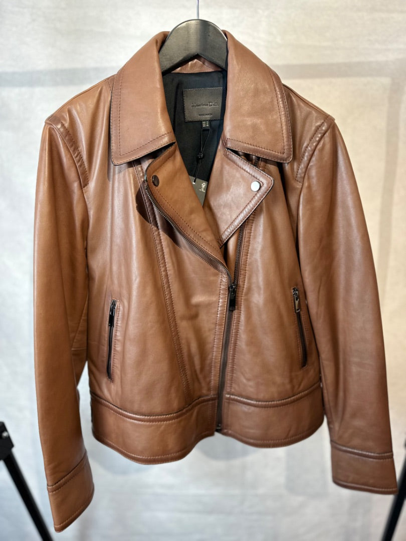 massimo dutti brown leather biker jacket, Size xl