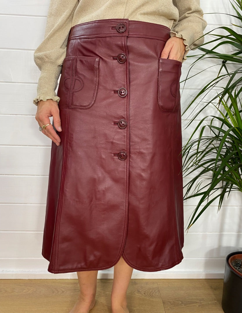 wyse london Burgundy Leather button through skirt, Size 3