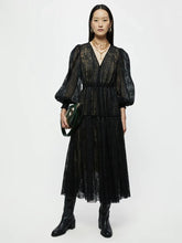 Load image into Gallery viewer, Jigsaw black pleated lace maxi dress, Size 6
