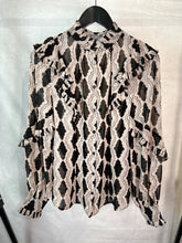 Load image into Gallery viewer, mint velvet black &amp; beige graphic print ruffle blouse, Size xs
