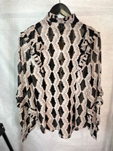 Load image into Gallery viewer, mint velvet black &amp; beige graphic print ruffle blouse, Size xs
