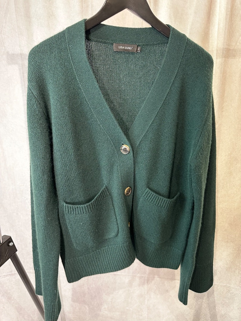 Lisa Yang dark green silk & cashmere cardigan, Size 2