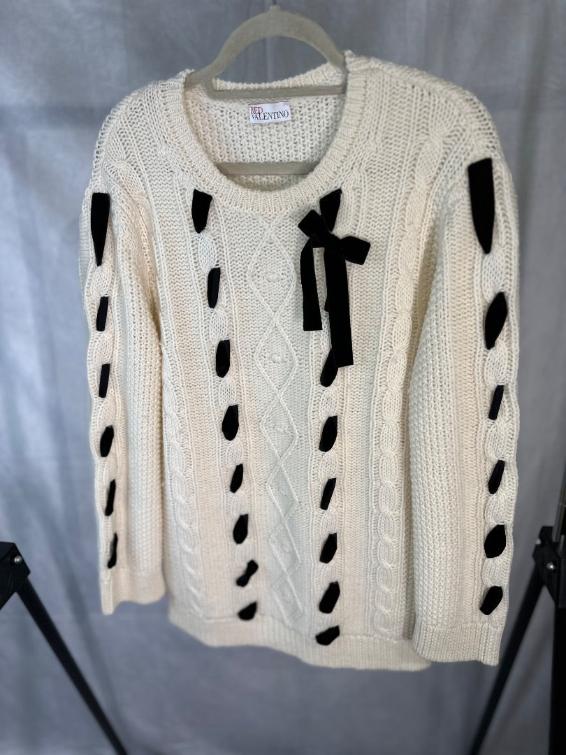 red valentino cream cable knit with velvet trim, Size medium