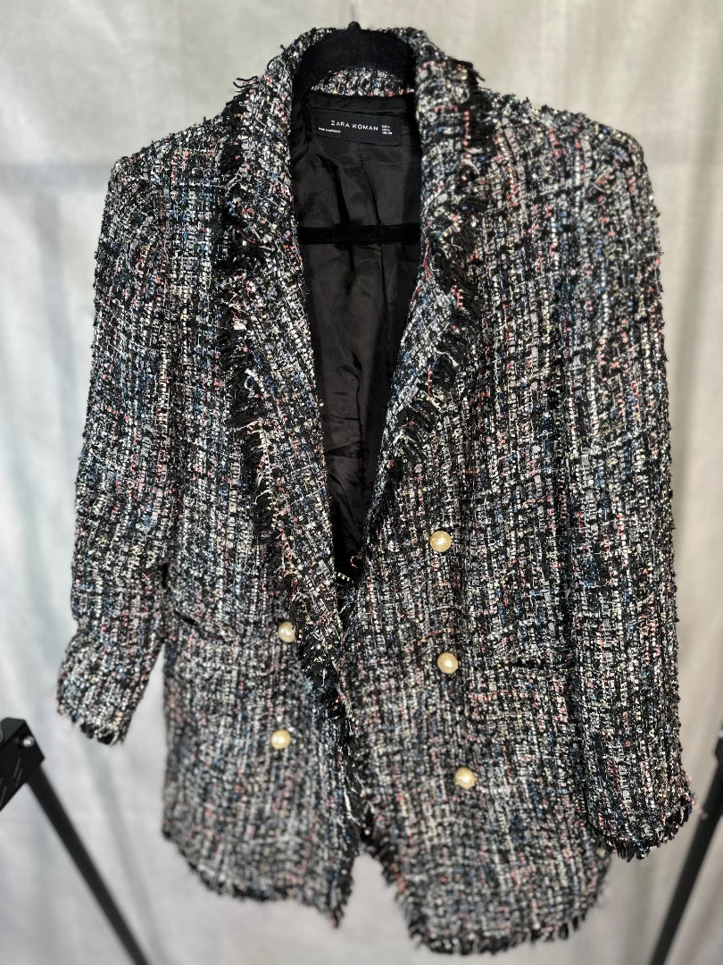 zara black glitter tweed coat, Size large