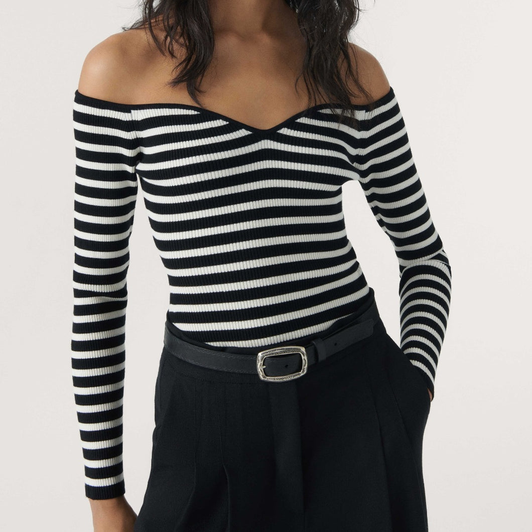 Bash Black Owais Striped off the shoulder top, Size 10