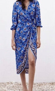 zara blue floral wrap dress, Size large