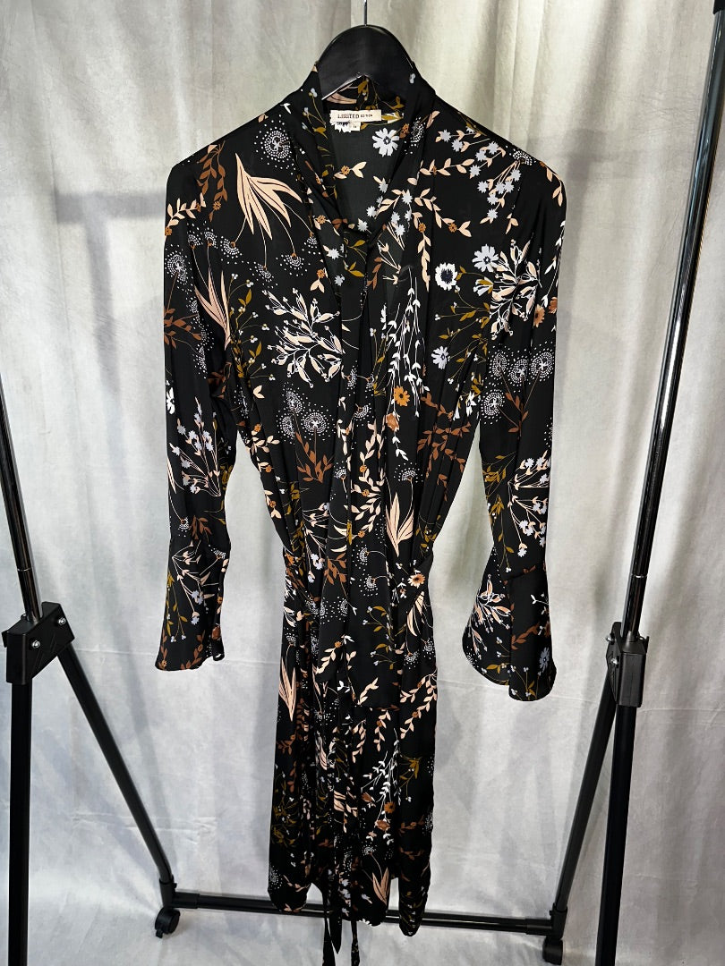 M&S Limited Edition black floral bell sleeve midi dress, Size 14