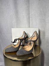 Load image into Gallery viewer, Manolo Blahnik Grey Flannel tie stiletto heels, Size 38.5
