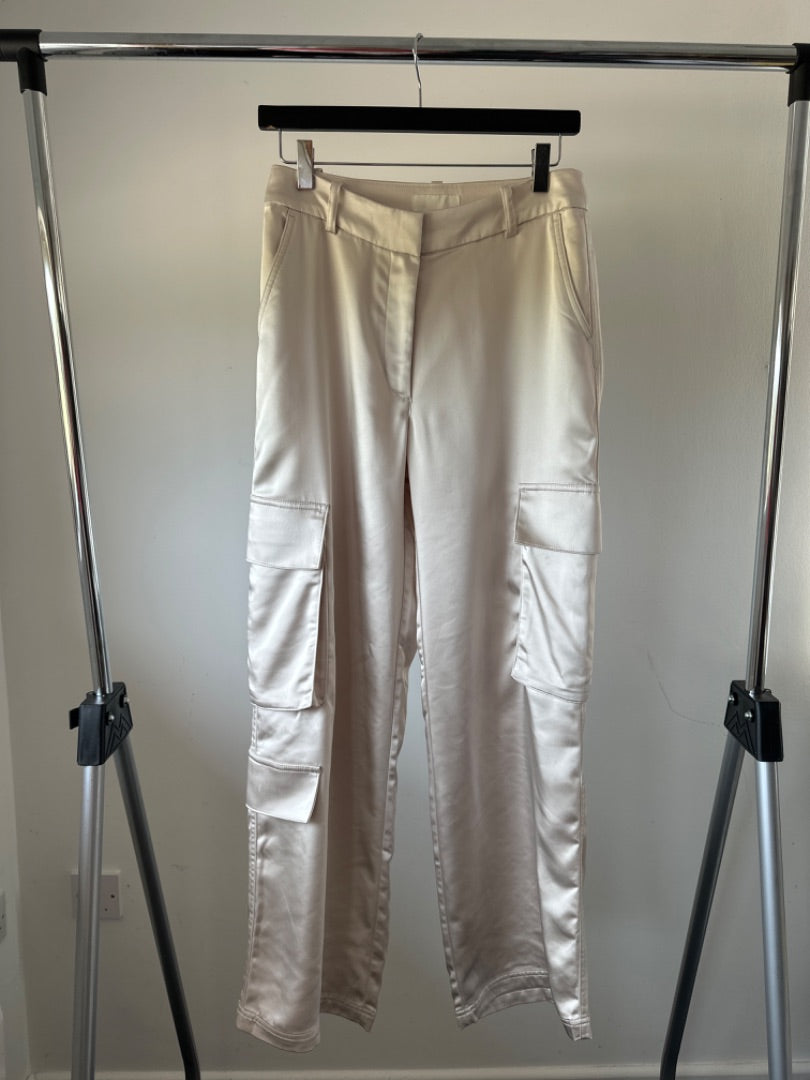 H&M Oyster Satin cargo wide legged trousers, Size 36
