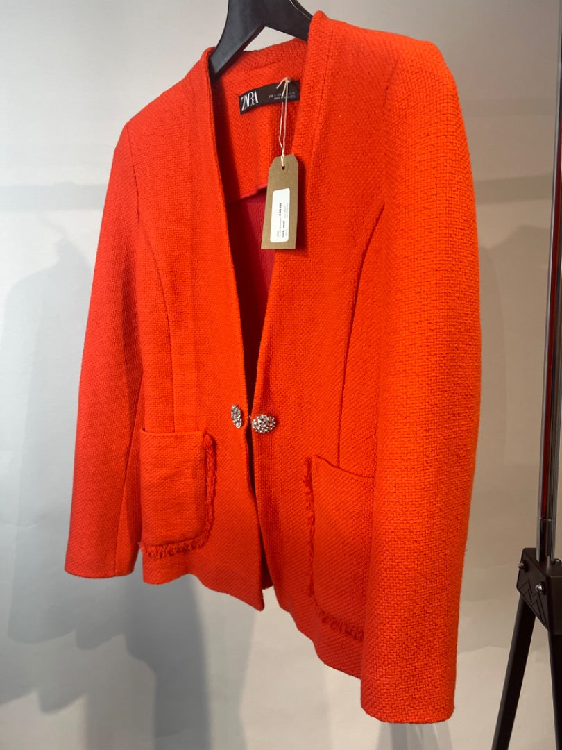 zara orange Tweed blazer with jewel button, Size small