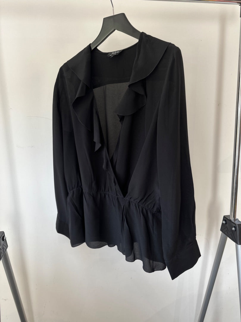 APC Black Ruffled silk wrap top, Size 42